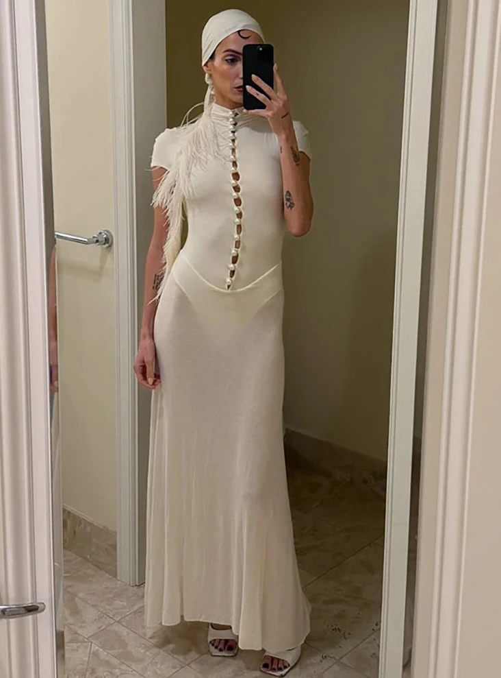 

Женское платье-макси с высоким воротом, сексуальное прозрачное платье с короткими рукавами и вырезами, элегантное вечернее платье с жемчужными пуговицами, облегающее, для вечеринок