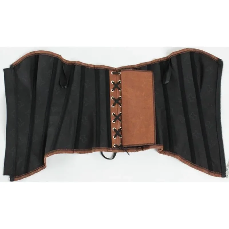 Sexy Zipper Gothic Sexy Brown Bone Steampunk Overbust Women Faux Leather Corsets And Bustiers