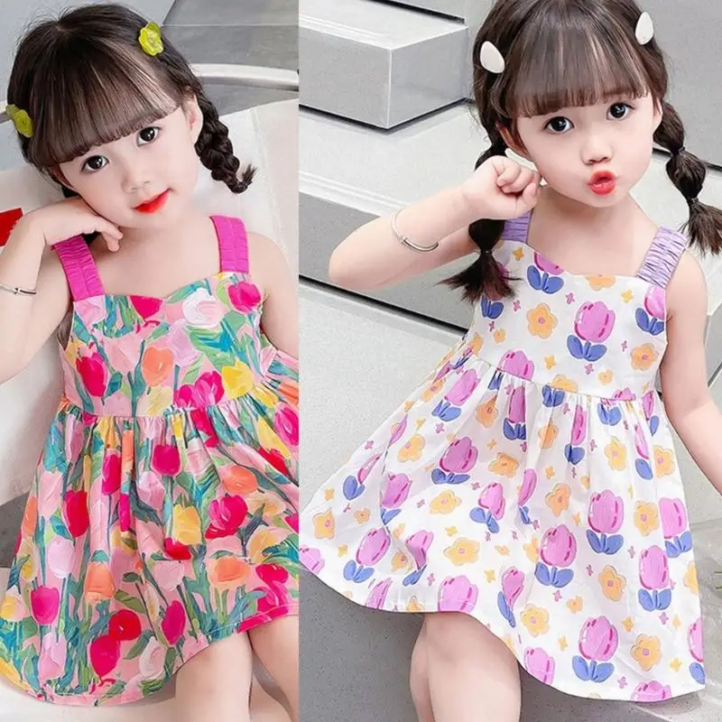 

Платье без рукавов с цветочным принтом для маленьких девочек, удобные свободные эластичные бретели для детей от 2 лет, платье, в