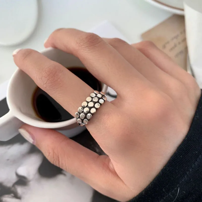 Bild 6: 925 Sterling Silber Geometrischer Mehrschichtiger Runder Perlenring Damen Mode Punk Temperamentvoll Allergievorbeugend Charmanter Schmuck