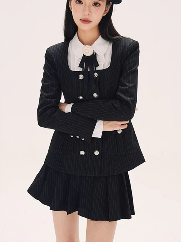 French Vintage Preppy Style 3 Piece Set Women Striped Blazer Bow Collar Slim Fit Pleated Mini Skirt Suit Elegant School Outfits