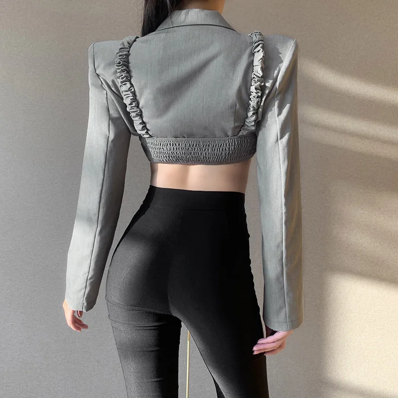 2023 Koreaanse Mode Sexy Cropped Blazer Vrouwen Schoudervullingen Jassen Korte Lange Mouwen Chique Y 2K Stijlvolle Elegante Blazers Grijs