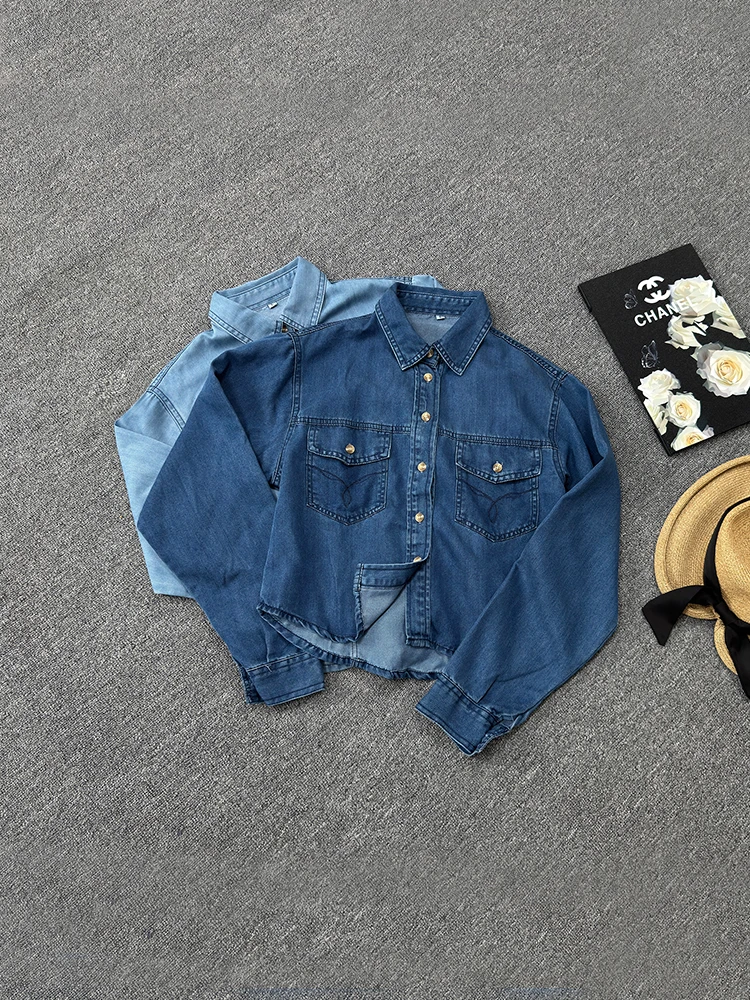 

Korean Style Loose Short Denim Shirt for Women Couple Long Sleeve Spliced Blue Jean Blouse Casual Spring Fall Streetwear 2025