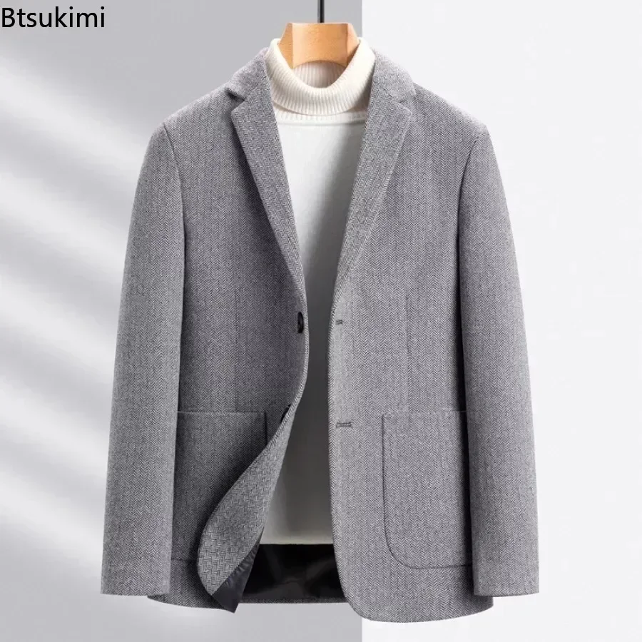 New 2024 Men\'s Woolen Suit Jacket Top Luxury Autumn Winter Men Casual Business Wool Single Breasted Blazer Overcoats Men Blazer