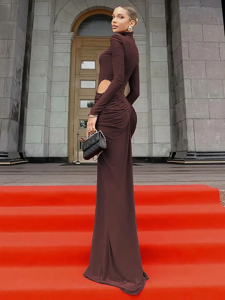 GACVGA Abito lungo sexy a maniche lunghe con collo alto da donna Elegante autunno inverno Abiti lunghi da festa aderenti con volant increspato