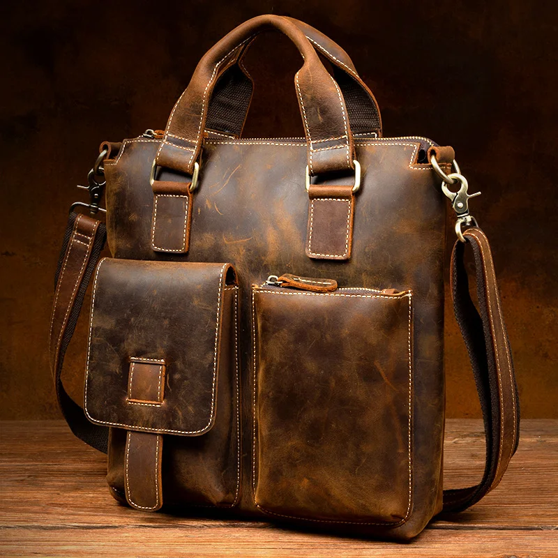 Crazy Horse Leather Handbag Leather Men's Bag Casual Leather Briefcase Retro Handmade Shoulder Crossbody Bag view 3