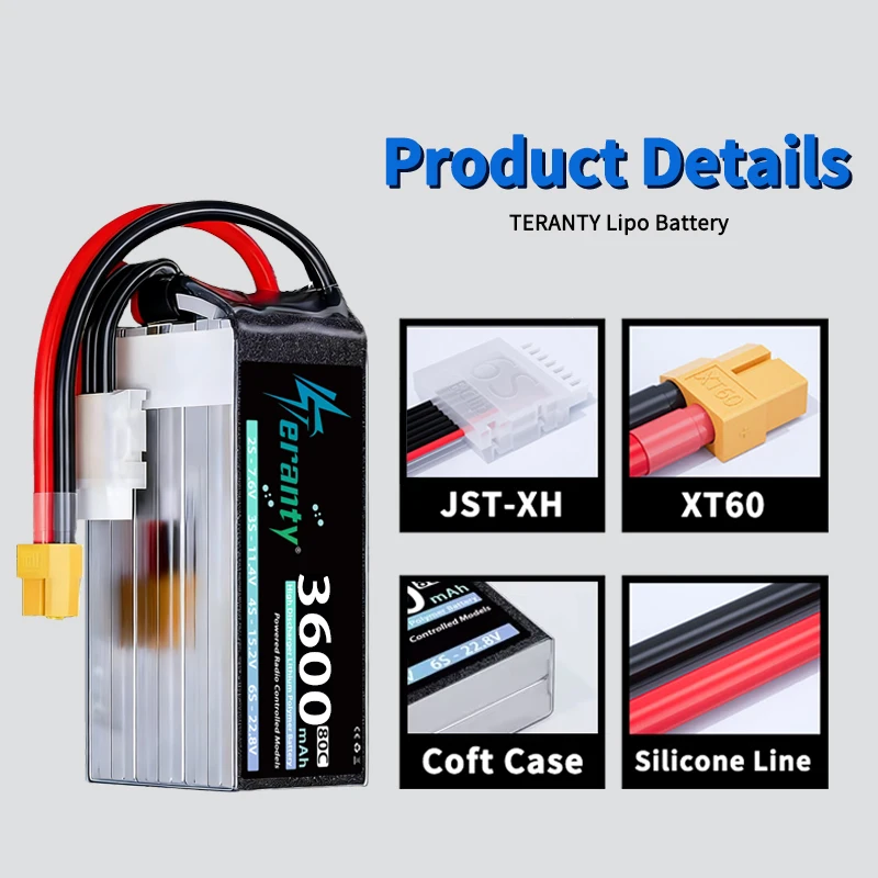 2PCS TERANTY 6S 3600mAh 22.2V 22.8V 60C 80C Lipo Battery With XT60 XT90 Plug for FPV Drone UAV Helicopter Quadcopter Airplane