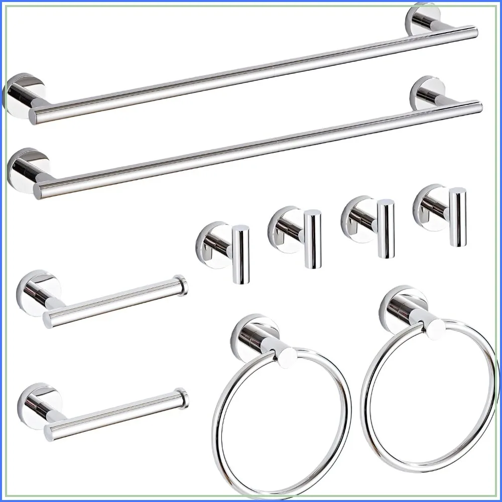 

10-Piece Chrome Bathroom Hardware Set, SUS304 Stainless Steel Towel Bar 24 Inch Wall Mounted