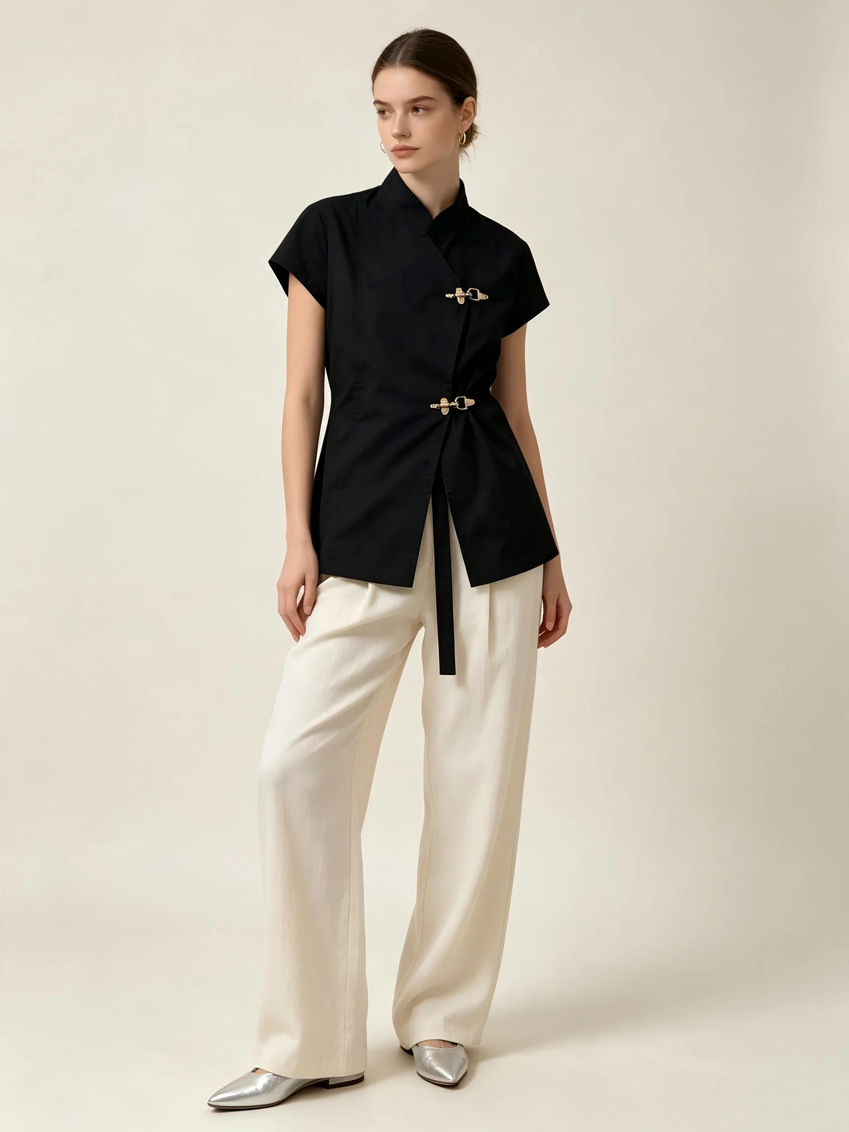 Women's Slim Fit Black Wrap Shirt Short Sleeve Chinese Stand Collar Casual Blouse with Metal Buckle Waist Tie Fashionable