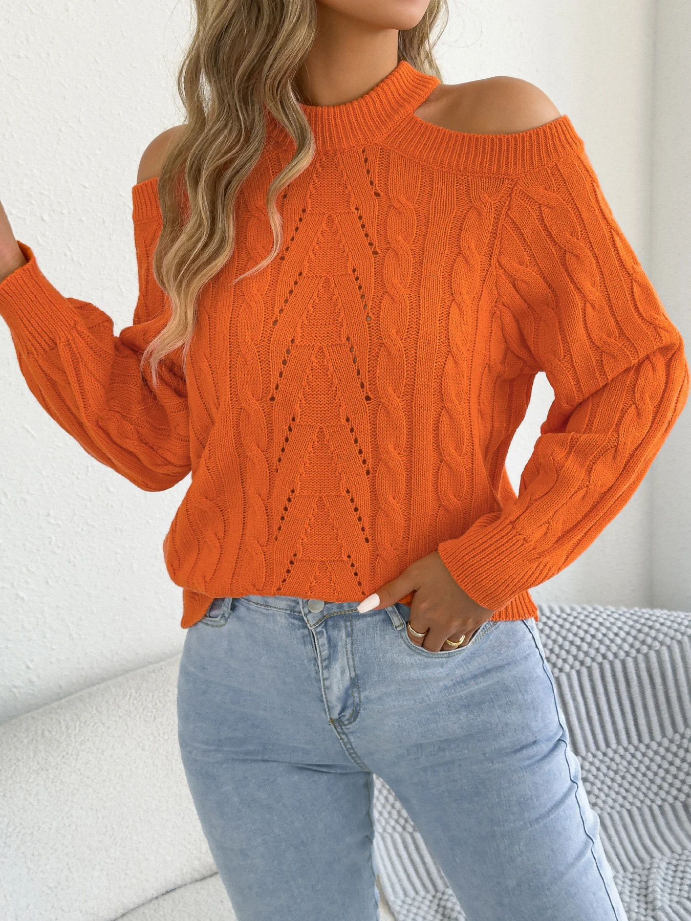 

Autumn Winter Elegant Woman Sweaters Solid Color Off Shoulder Round Neck Pullover Hollow Out Lantern Sleeve Twist Knitted Tops