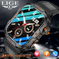 Reloj inteligente LIGE nuevo, militar, con Bluetooth, llamadas, deportivo, linterna LED, pantalla HD de 1.96 pulgadas, monitor de salud, resistente al agua IP68, para hombre.