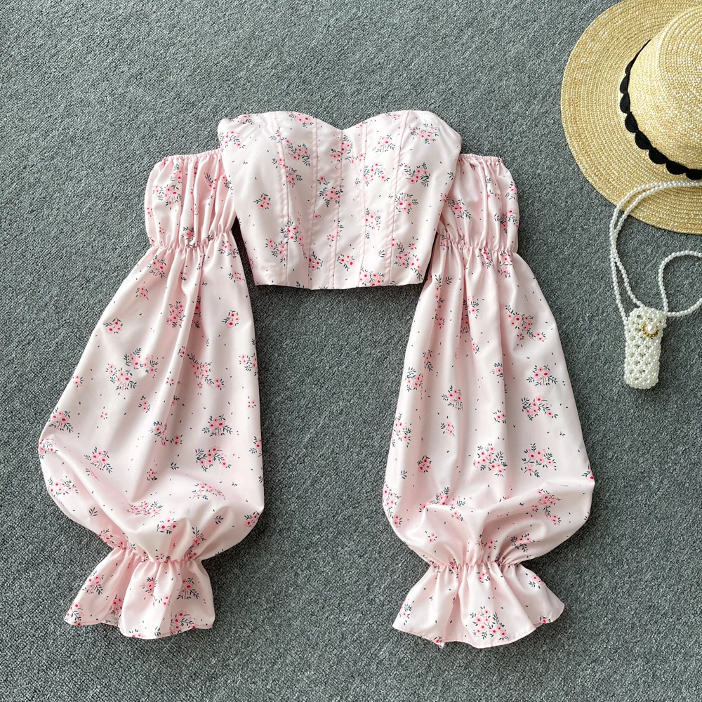 Spicy Girl One Shoulder Strapless Long Sleeved Shirt with Backless Sweet Print Short Style Temperament Top