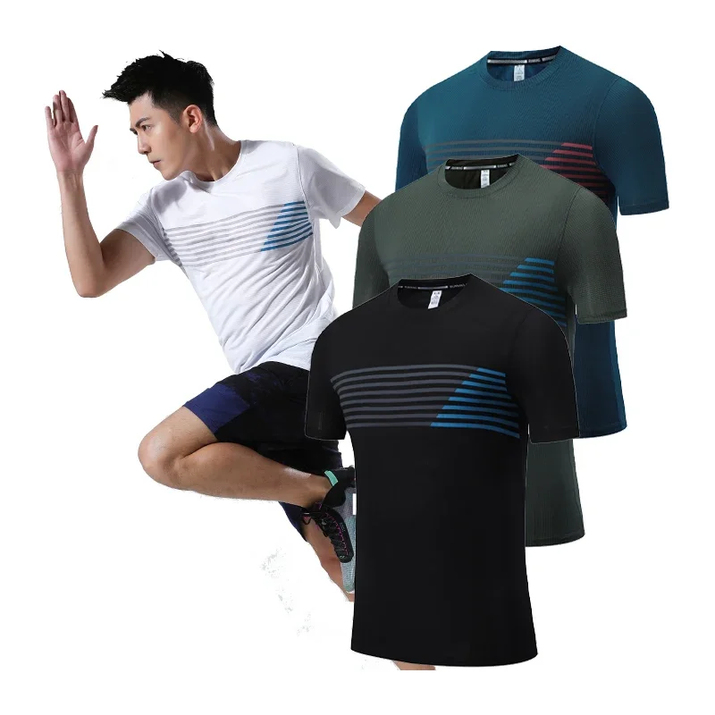 Sport Brand Shirts Breathable Elastic Tee Fitness Quick Dry Short Sleeves Thin Print Striped Men Workout Fashion Bodybuilding T