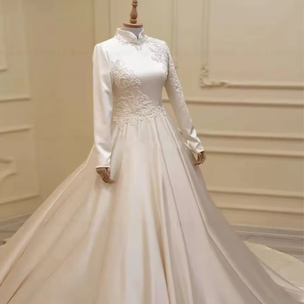 

Modest Wedding Dresses High Neck A-line Long Sleeve Bride Dress with Draped Appliques Bridal Gown Customized robe de mariée