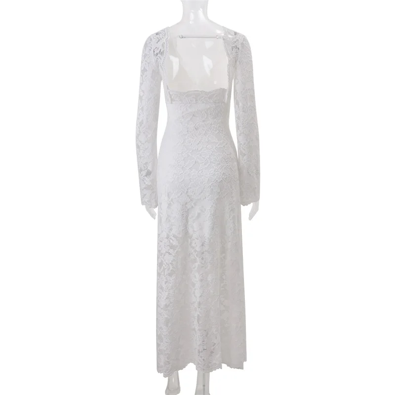 Abito da sera autunnale da donna con scollo a V profondo in jacquard di pizzo Guaina trasparente Abito con fasciatura sottile Gonna da festa senza schienale bianca Nuovo arrivo