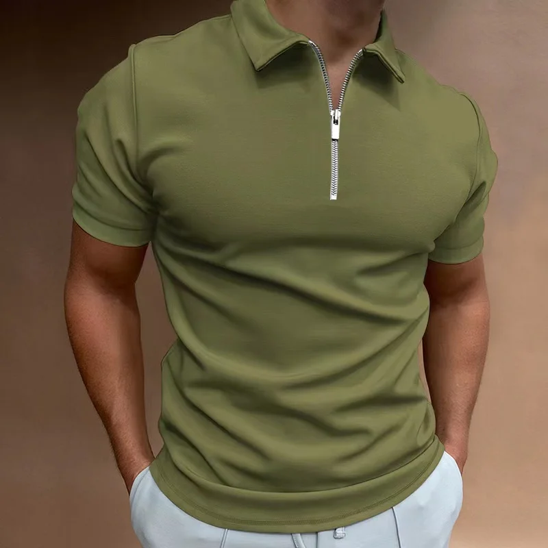 Summer Men's Solid Color Polo Shirt Short Sleeve Turn-Down Collar Zipper Tshirts &for Men Casual Streetwear New Male Tops