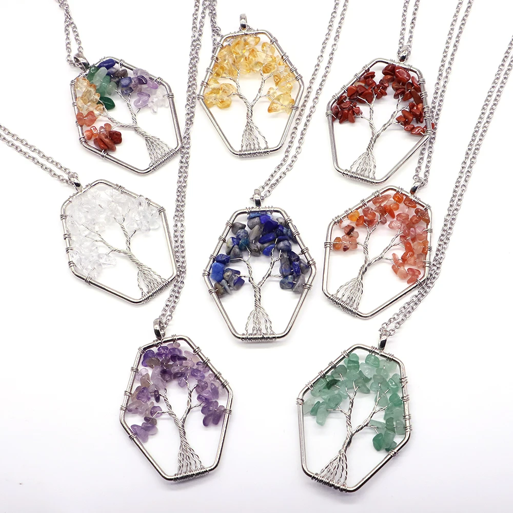 50x41mm Fashion Charm Wisdom Tree of Life Gravel Stone Pendant Necklace Natural Reiki Healing Crystal for Women Jewelry Making