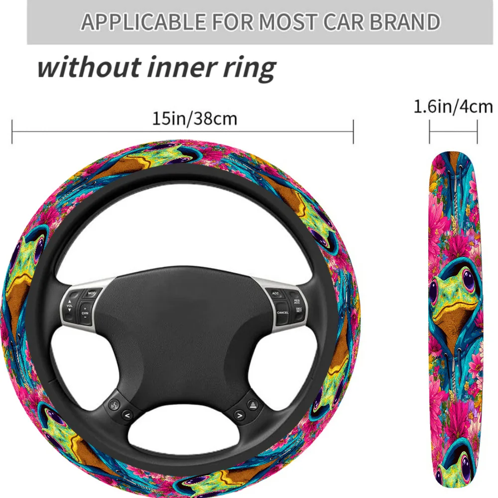 1pc 15-Inch Steering Wheel Cover - Anti-Slip Multicolor (Pink/Green/Blue/Purple/Yellow/Pink) Frogs & Lily Pad Design, Non-Slip G