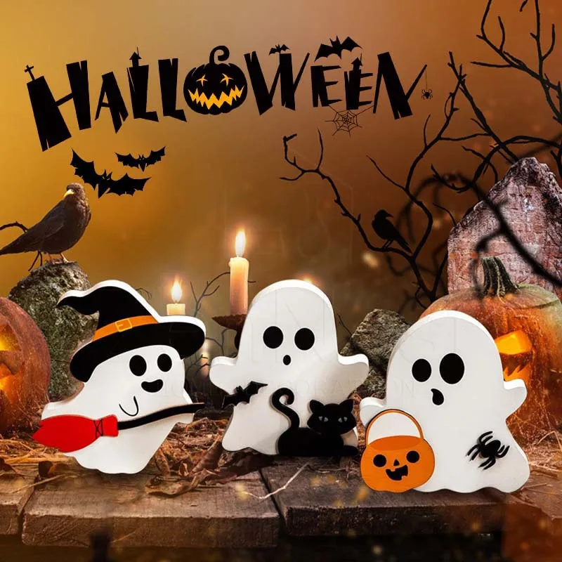 3 pz/set spettrale decorativo carino zucca di legno fantasma stravagante scopa Halloween tavolo decorativo partito decorazioni per la casa