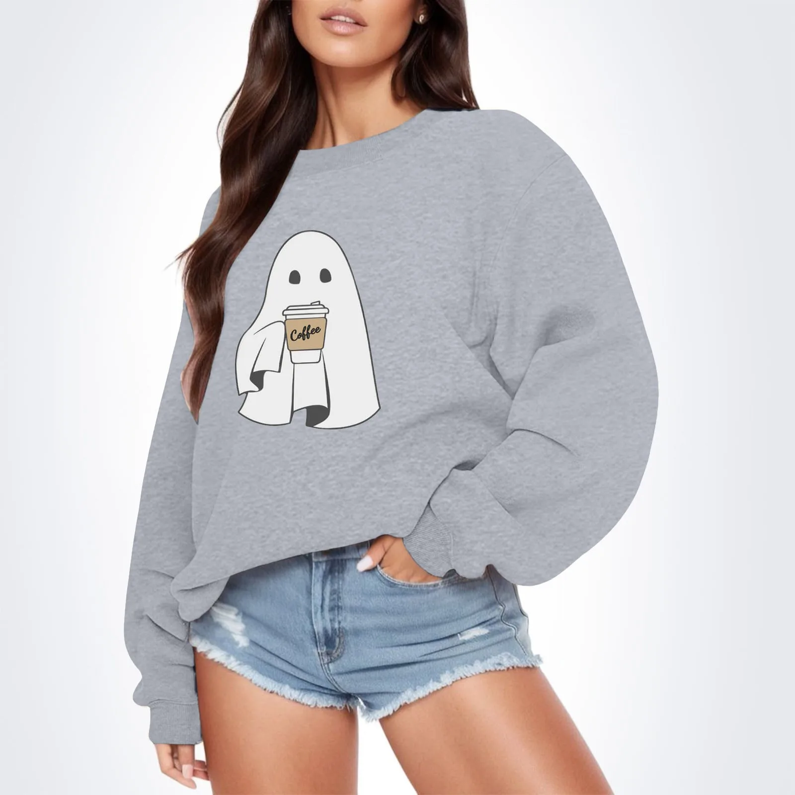 

Women Sweatshirt Y2K Ghost Printde Hoodie Shirt Halloween Casual Loose Crew Neck Hoodies Fashion Warm Long Sleeve Top For Female