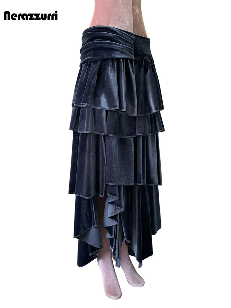 Nerazzurri Autumn Dark Gray Velvet Ruffled Asymmetrical Tiered Midi Skirt Women Long Elegant Chic Luxury Designer Clothes 2026
