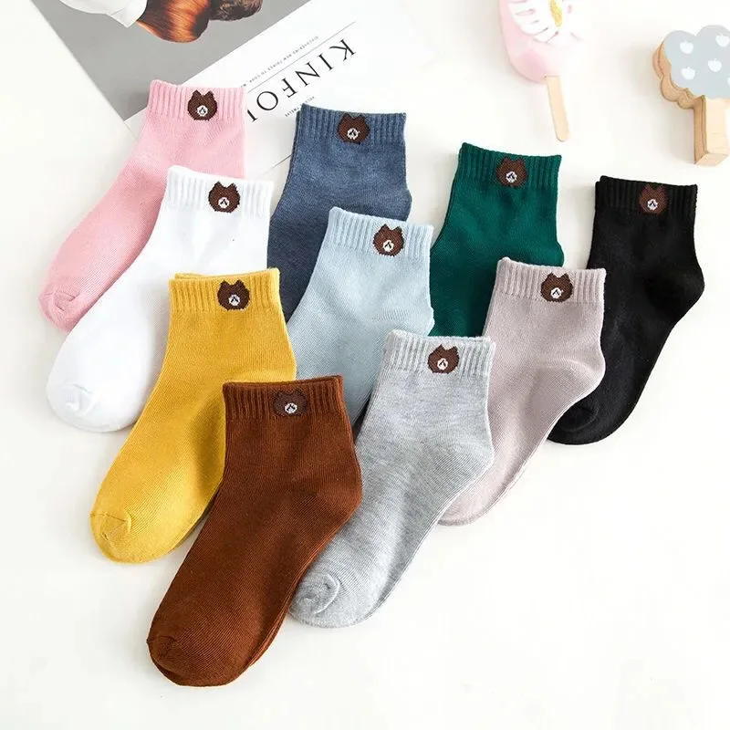 Ten Pairs of Ten Color WOMEN\'S Solid Color Teddy Bear Short Socks, Cute, Comfortable, and Breathable WOMEN\'S Socks