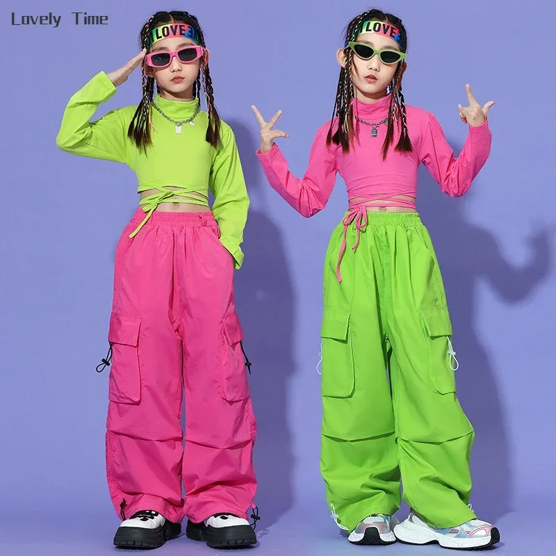 Girls Hip Hop Colorful Crop Top Cargo Pants Child Sweatshirt  Joggers Kid Streetwear Jazz K-pop Street Dance Costume Clothes Set