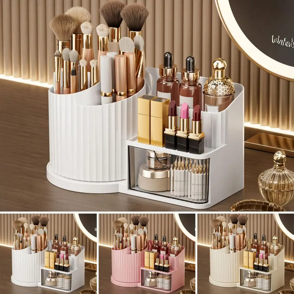 Dressing Table Organizer 360 Degree Rotating Makeup Organizer with Brush Holder Transparent Cosmetic Storage Box for Skincare