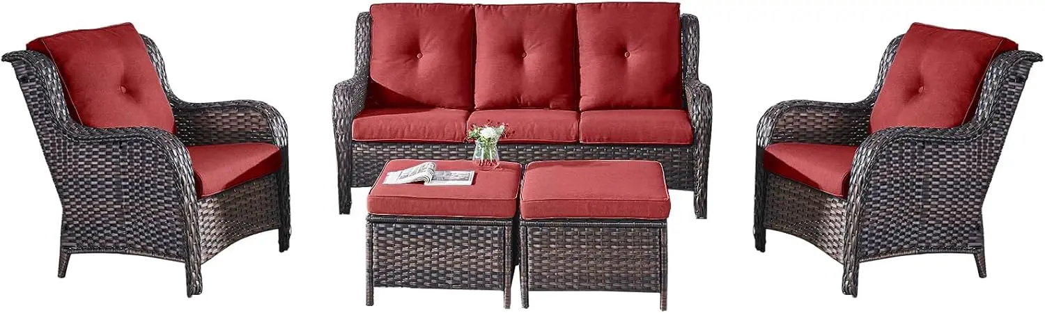 Outdoor Patio Wicker Furniture Set 5 Piece Rattan Patio Conversation Sectional Sofa Set with 1 Couch 2 Armchairs 2 Ottomans