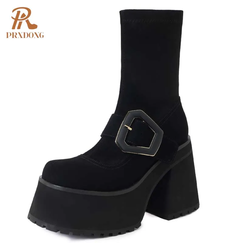 PRXDONG New Sexy High Heels Thick platform Punk Black Shoes WOman Ankle Boots Fashion Autumn Winter Dress Party Lady Shoes 34-39