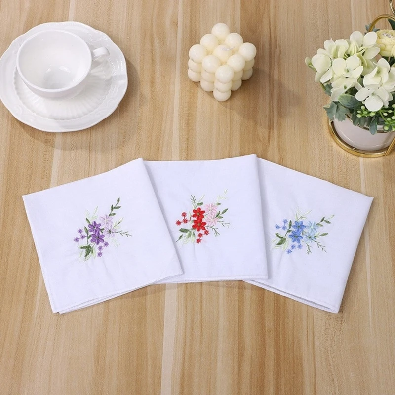 3pieces Embroidery Flower Pocket Square for Woman Gentleman Polyester Handkerchief Printed Groom Handkerchief 28x28cm