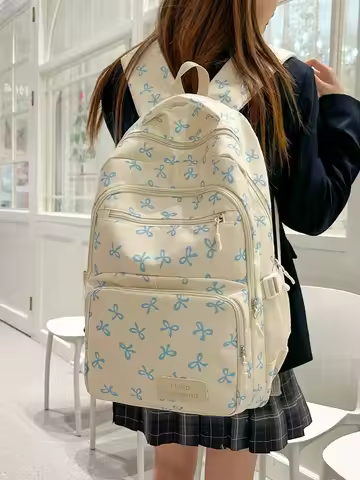 Korean Fashion Bow Print Women Fashion Backpack Lightweight Simple Student Schoolbag Female Bag Set Three-Piece