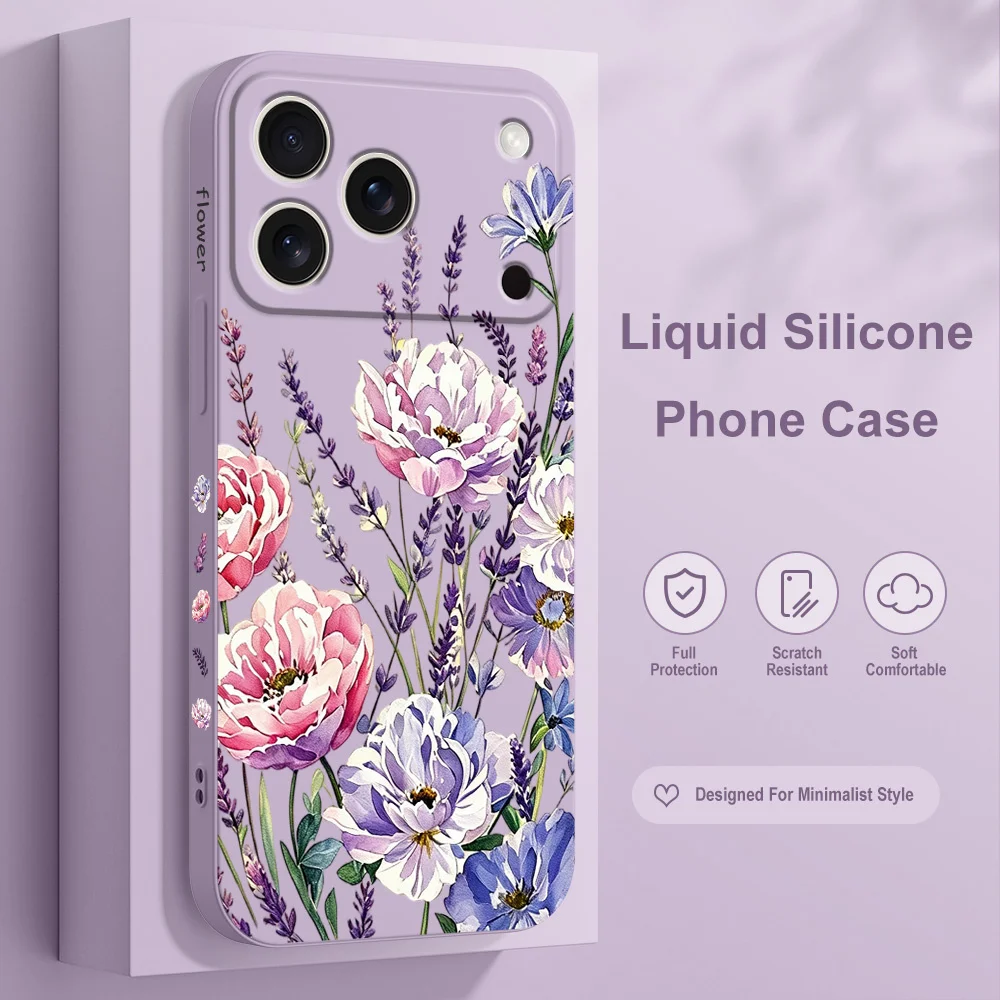 Чехол для телефона Lavender Bloom для iPhone 17, 17E, Air 16, 16E, 15 Pro Max Plus, мягкий силиконовый чехол из жидкого силикона