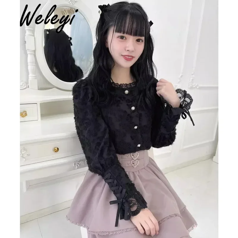 

Rojita Feather black Strap Blouses Woman Sweet Japanese Style Lolita Cute Massed Production Long Sleeve Shirt for Women 2024