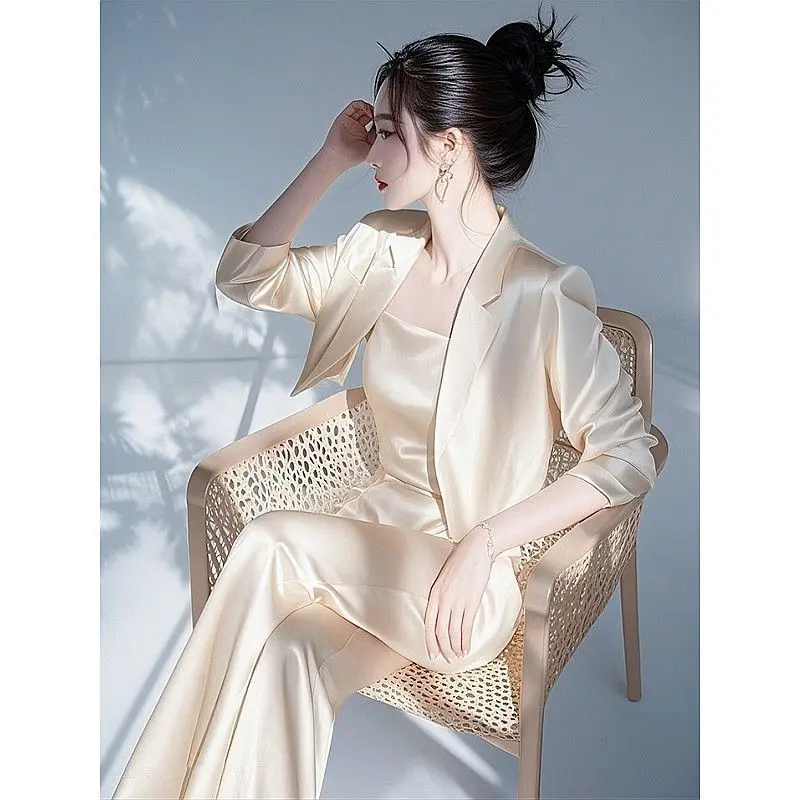 New Small Fragrance Satin Two Piece Set Women Elegant Lapel Jacket Coat + Spaggetti Strap Camisole Jumpsuit High End Suit
