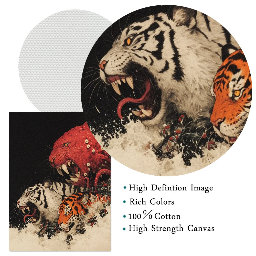 الأسطورية النمر والأخطبوط معركة الرسم على لوحات القماش الجدارية سريالية الظلام ملصق فني النمر الشرس مخالب الأخطبوط طباعة ديكور