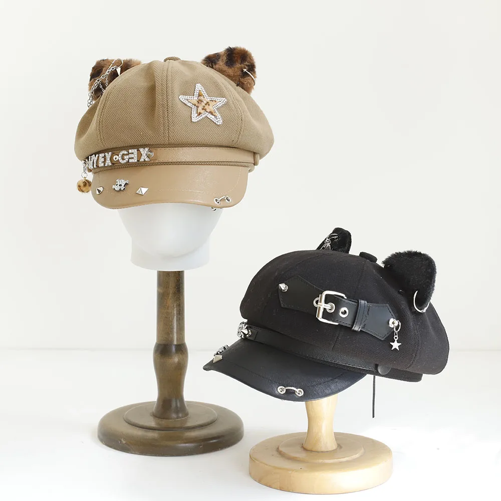Creative Punk Style Rivet Leather Buckle Design Leopard Cat Ear Berets Y2K Spring Autumn Street Personality Niche Women's Hat