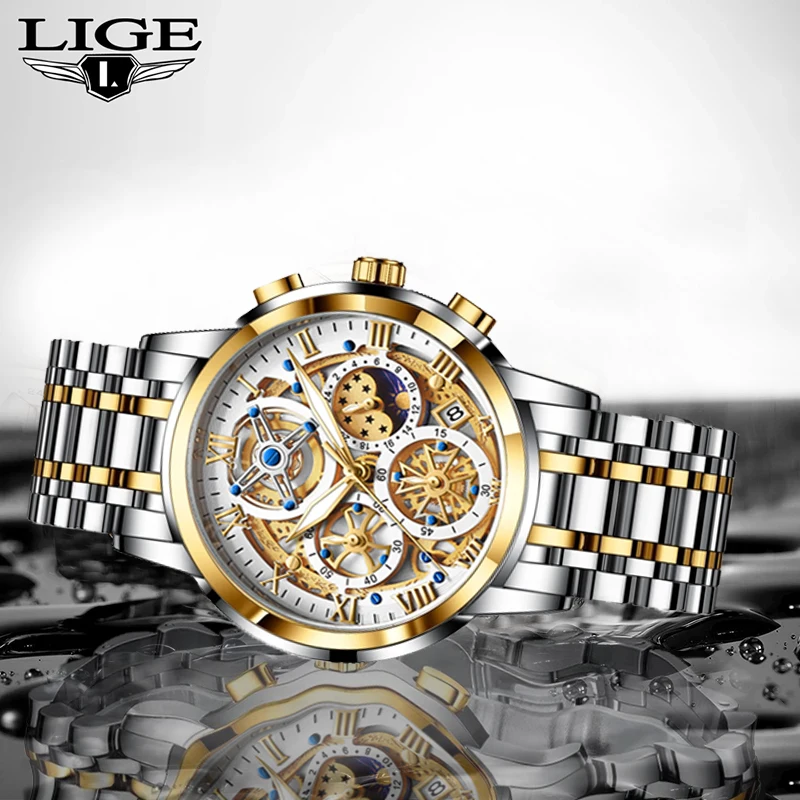 LIGE  Men Watch Top Brand Original Sports Quartz Mens Watches Full Steel Waterproof Chronograph Wristwatch Men Relogio Masculino