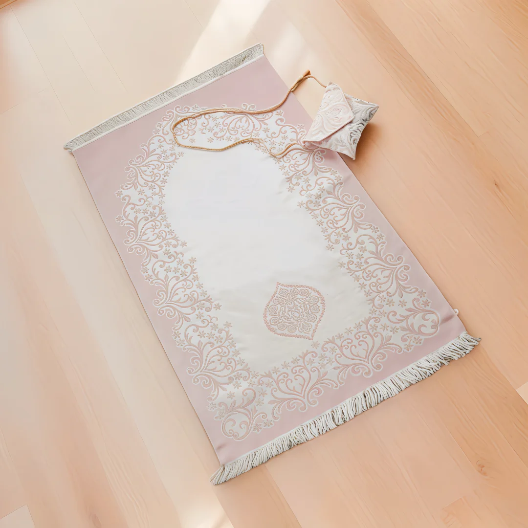 Portable Storage Muslim Prayer Gift Set: Imitation Silk Floral Print Shoulder Prayer Rug with Prayer Beads