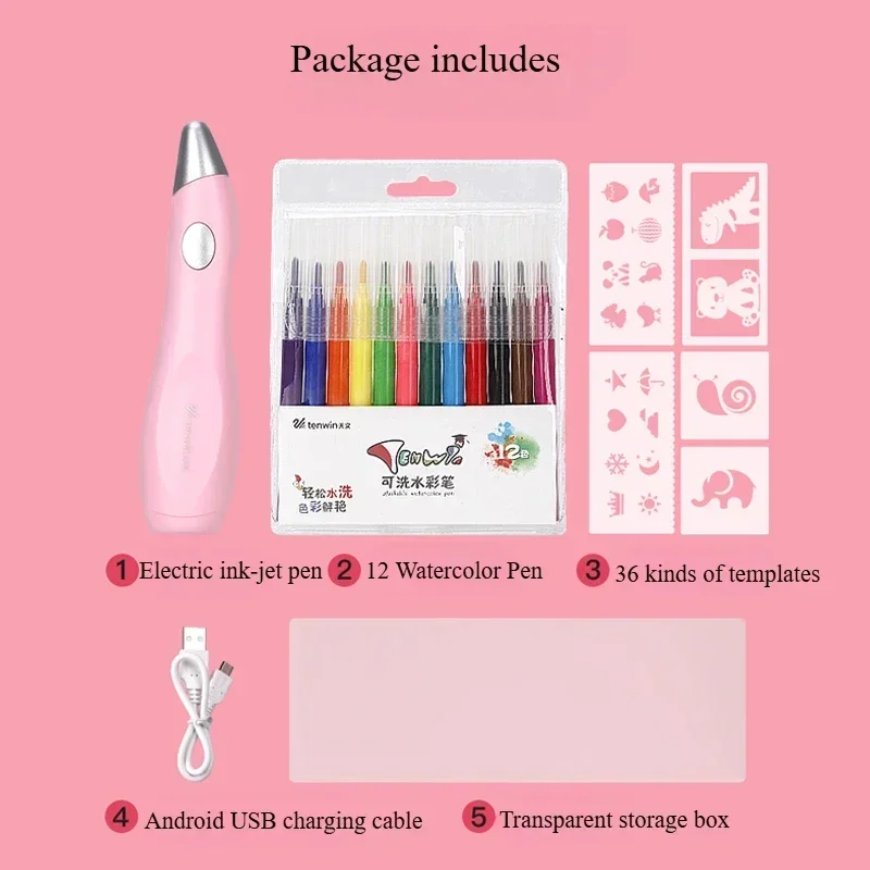 TENWIN Electric Airbrush Spray Painting Set With 12 Markers, Stencils, Charging Cable, Arts Crafts Gift Set for School Coloring