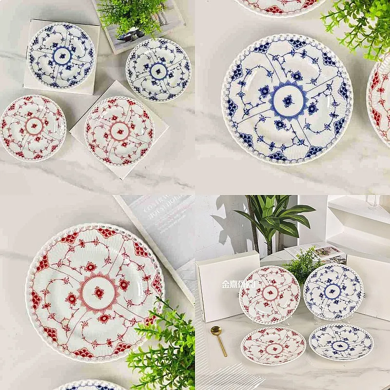 European Light Luxury Blue Lace Scroll Pattern Dessert Plate Afternoon Tea Snack Plate Bone China Fruit Dish Home Decor Gift