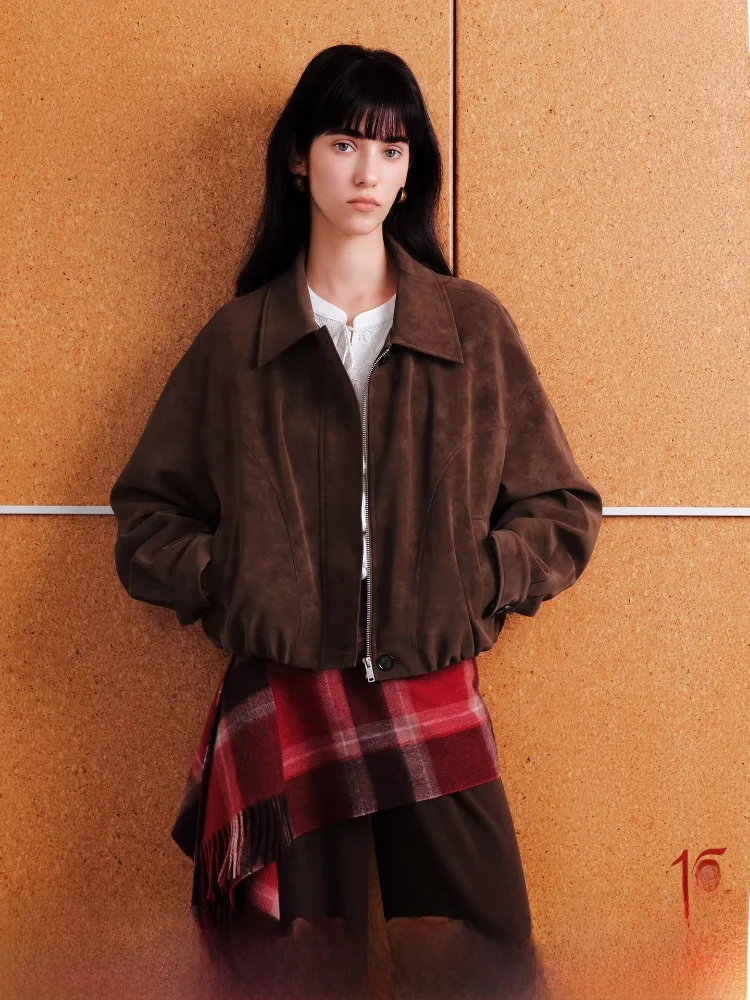 

Women's ort Suede Jaet Vintage Turn-down Collar Hem Cuffed Spring New Arrival Faion Straight-cut PU Leather Coat