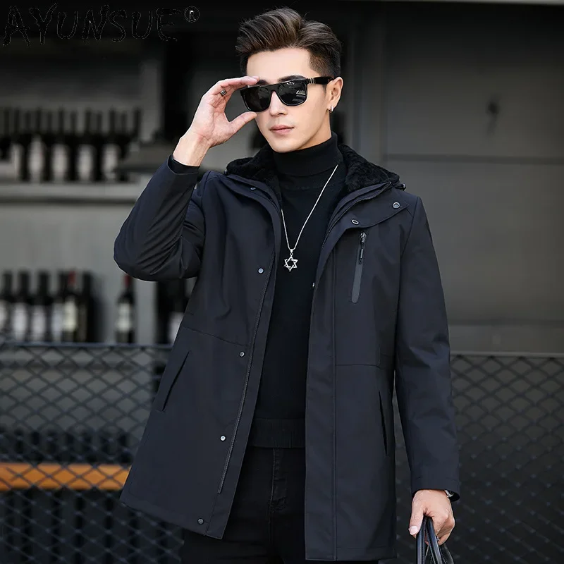 

AYUNSUE New Real Fur Parka Men Warm Fur Coat Hooded Winter Jackets for Men Wool Liner Mid-length Thick Fur Jackets Parkas Casual