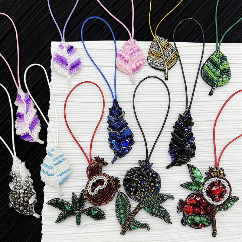 3D Rhinestone Beaded Pomegranate Feather Leaves Four-leaf Clover Hanging Rope Patches Crystal Bag Lanyard Patch Beading Applique