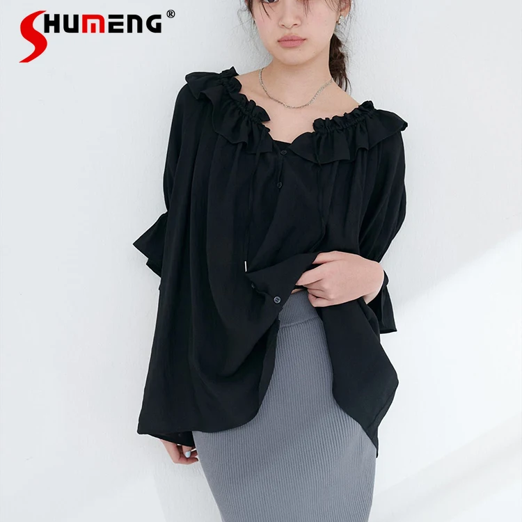 

Japanese Sweet Fashion Half-Sleeve Shirt Autumn 2025 Women's Loose Slim Casual Versatile Blouses Daily Basic Off-Shoulder Top