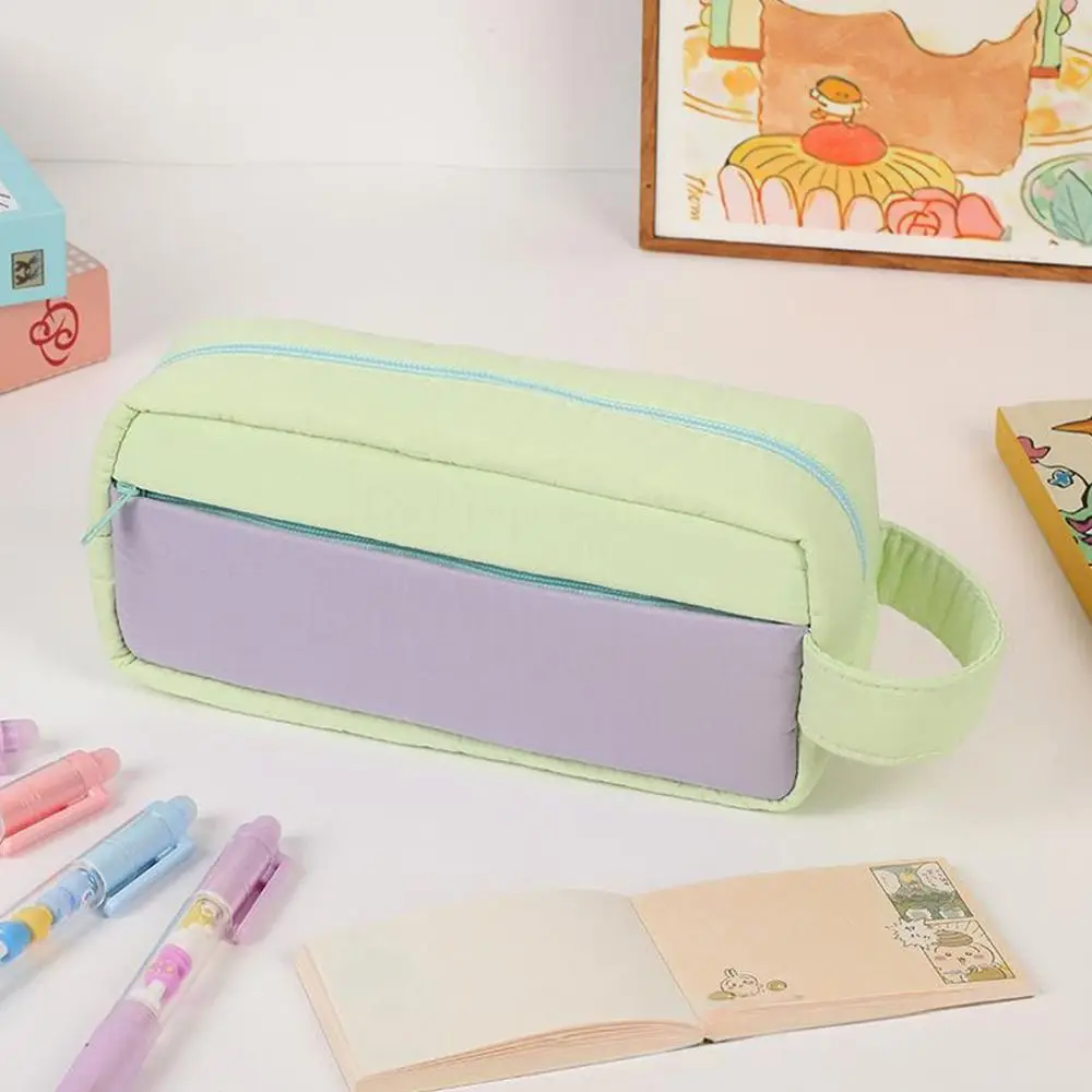Durable Contrasting Colors Pen Bag Large Capacity Multifunctional Pencil Case Handheld Stationery Storing Bag Students