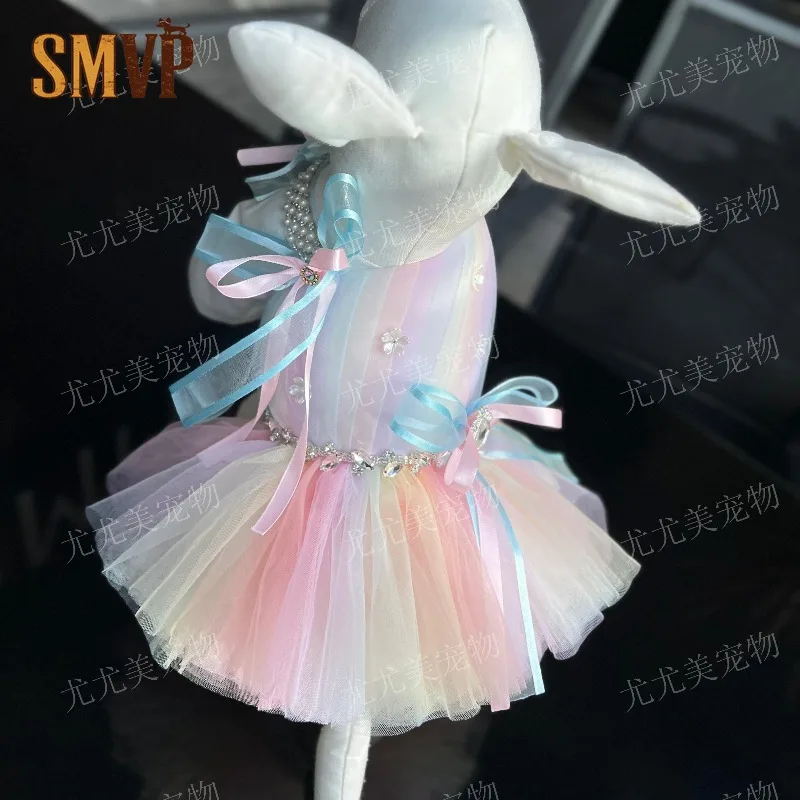 Rainbow Gradient Pet Tutu Dress Rhinestone Ribbon Bow Tulle Puffy Dress Luxury Handmade Princess Costume for Pets Party Outfit