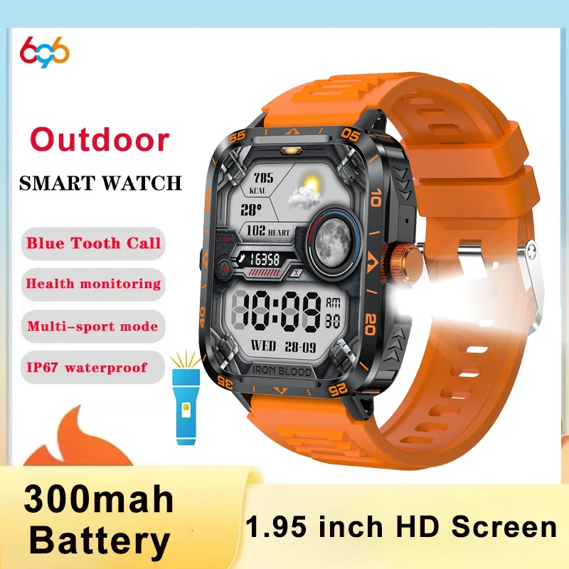 

2025 мужские спортивные умные часы с синим зубом для занятий спортом на открытом воздухе, 1,95 дюйма, светодиодный фонарик, смарт-браслет, водонепроницаемые умные часы, здоровье, музыка, погода