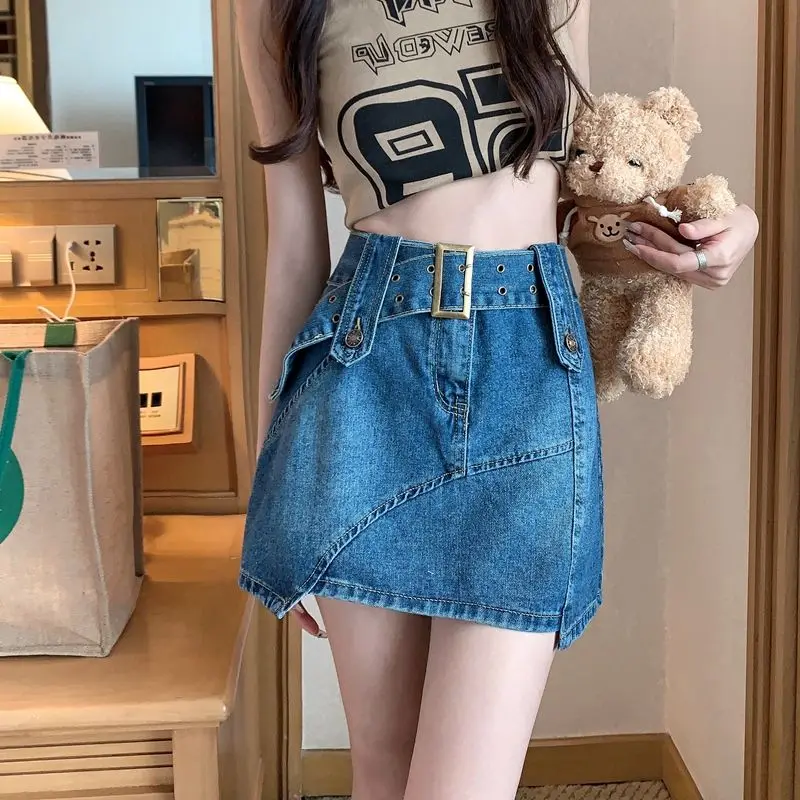 Denim Skirt High Waist Slimming Plus Size Hong Kong Style Hot Girl Retro Female Summer Short Skirt Hip-Covering A-Line Skirt