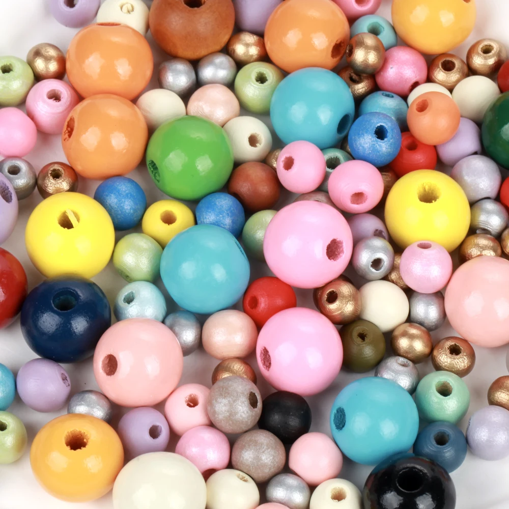 10-200Pcs 6-20mm Natural Wood Beads Golden Silvery Multicolour Round Spacer Loose For Jewelry Making Bracelet DIY Accessories